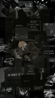 black and white collage with different types of text on it, including the words