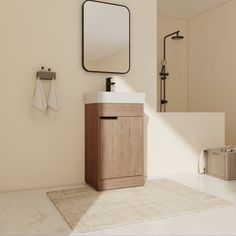 a bathroom with a sink, mirror and towel rack