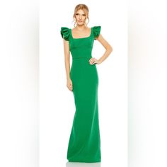 Ruffle Cap Sleeve Open Back Column Gown Perfect For Formal Events, This Charming Crepe Gown Features A Square Neckline, Ruffled Cap Sleeves, And A Scoop Open Back. Leena For Mac Duggal Crepe Fabric (100% Polyester) Fully Lined Square Neckline Ruffled Cap Sleeve Scoop Open Back Concealed Back Zipper Approx. 62.5" From Top Of Shoulder To Bottom Hem Mac Duggal Dress, Crepe Gown, Mac Duggal Dresses, Dresses Green, Column Gown, Mac Duggal, Size 12 Dress, Square Necklines, Crepe Fabric