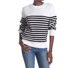 Cotton Emporium Striped Waffle Stitch Pullover Sweater In Black & White. Brand New With Tags. True To Size. Xs=00 Crew Neck Long Sleeves Partial Stripe Pattern Waffle Knit Construction Approx. 25" Length Size Xs Hand Wash Cold Waffle Stitch Sweater, Cable Knit Sweater Womens, Stitch Sweater, Olive Green Sweater, Waffle Stitch, Nautical Stripes, Waffle Knit Sweater, Heart Sweater, Chenille Sweater