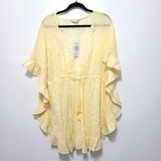 Yellow, White And Gold Striped Light Weight Beach Cover Up. Front Tie With Tassels. Appears To Be A Size Large/X-Large. Yellow V-neck Top For Beach Season, Yellow Beachy Cover-up For Vacation, Yellow Beachy Cover-up For Spring, Spring Beachy Yellow Cover-up, Yellow Beachwear Cover-up For Vacation, Yellow Beachwear Cover-up For Summer, Yellow Summer Beach Cover-up, Yellow V-neck Beach Cover-up, Yellow Cover-up For Day Out In Summer