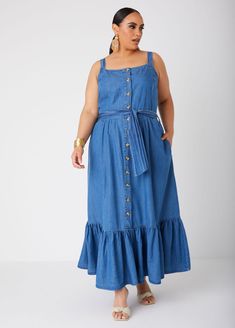 Flounced Chambray Maxi Dress, Dk Rinse Belted Maxi Dress For Spring, Fitted Casual Maxi Dress With Pockets, Flowy Summer Maxi Dress With Pockets, Chic Cotton Maxi Dress With Pockets, Flowy Maxi Dress With Pockets For Summer, Casual Belted Maxi Dress For Vacation, Sleeveless Belted Maxi Dress For Vacation, Chic Maxi Dress With Pockets For Dress Down Occasions, Vacation Maxi Dress With Pockets