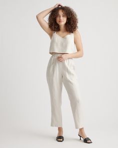 Whether you're heading to the office, out for brunch with friends, or lounging at home, the 100% European Linen Tapered Ankle Pants is the perfect choice. Made from high-quality sustainability grown linen, these pants are lightweight, breathable, and oh-so-comfortable. The tapered design flatters your figure and elongates your legs, creating a slimming effect that is both stylish and flattering. The pants are versatile enough to be paired with anything from a basic tee to a dressy blouse, making Effortless Summer Loungewear Pants, Effortless Ankle-length Summer Pants, Summer Relaxed Fit Pants For Brunch, Effortless Linen Pants For Summer, Spring Linen Loungewear Pants, Spring Linen Pants For Loungewear, Linen Tapered Leg Pants For Day Out, Effortless Linen Lounge Pants, Effortless Linen Pants For Loungewear