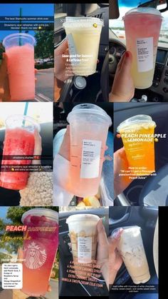 various drinks are being served in plastic cups and on the dashboard of a car, with information about each beverage