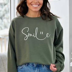 Happy Face Sweatshirt, Smile Crewneck, Happy Sweatshirt, Smile Sweatshirt, Smile Shirt, Boho Sweatshirt, Fun Sweatshirt, Smile Face Shirt Thank you so much for taking the time to browse my shop. All of our items are just for you. Please feel free to reach out if you have any questions before or after purchasing.   ORDER INSTRUCTIONS ✔✔Check and review all listing photos. ✔✔ Pick up your item's size and color from drop down menus. ✔✔Choose the quantity. ✔✔Click "Add to Cart" button. ✔✔Fill in the Rejoice Always, Christian Sweatshirt, Boys Sweatshirts, Country Outfits, Christian Clothing, Fashion Wear, Boys Shirts, Christmas Sweatshirts, Long Sleeve Sweatshirts