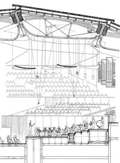 an architectural drawing of the interior of a building with people sitting at tables in it