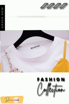 Fashion Colorblock Tee+denim Shorts P11539 Casual Summer T-shirt With Patchwork, Retro Patchwork T-shirt For Spring, Casual Tops With Contrast Color For Summer, Spring White T-shirt With Contrast Color, Multicolor Contrast Color Tops For Summer, Casual Cotton Patchwork T-shirt, Contrast Color Tops For Summer Streetwear, Casual White Patchwork T-shirt, Yellow Tops With Contrast Color For Summer