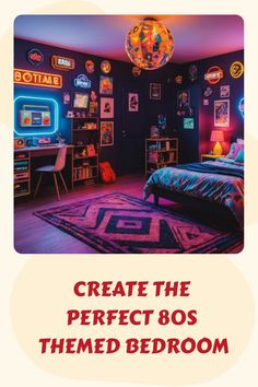 80s themed bedroom with neon lights, retro decor, and colorful furniture. Retro Game Bedroom, 80s Inspired Bedroom, 80’s Room, 80s Room Aesthetic