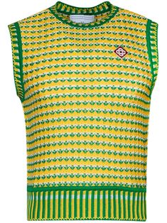 bright green/yellow cotton knitted construction jacquard appliqué logo round neck sleeveless straight hem Spring Green Knit Vest, Green Cotton Jacquard Knit Sweater, Spring Jacquard Knit Sweater Vest, Green Cotton Crew Neck Sweater Vest, Green Textured Knit Cotton Tops, Green Knit Crew Neck Sweater Vest, Green Crew Neck Vest For Summer, Green Knit Vest Top, Casual Jacquard Knit Sleeveless Top