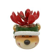 a bear wearing a santa hat with red flowers on it's head