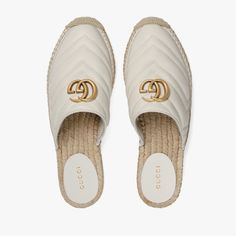 Gucci Marmont White Leather Double Gg Espadrille Mules -White Matelasse Chevron Leather -Cord Platform -Double G -20mm Height Gucci Marmont White Leather Double Gg Espadrille Mules. Crafted In Italy From Calfskin Leather, They Are Finished With An Almond Toe With A Woven Flat Insole And Rubber Sole. Topping More Than A Few Wish Lists, Gucci's 'Pilar' Espadrilles Are The Perfect Blend Of Materials And Just Overall Style. 100% Brand New Authentic Guaranteed Professional Cross-Platform Business Sel Gucci Marmont White, Gucci Espadrilles, Gucci Marmont, Wooden Clogs, Fashion Couture, Gucci Gg Marmont, Leather Espadrilles, Gg Marmont, Leather Slippers