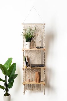 a macrame hanging on the wall next to a potted plant and bookshelf