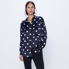 Brand New Zara Polka Dot Satin Shirt. Color-Black And Light Blue. One Front Pocket. Polka Dot Long Sleeve Blouse For Work, Polka Dot Long Sleeve Shirt For Workwear, Zara Chic Polka Dot Blouse, Chic Zara Polka Dot Blouse, Chic Polka Dot Blouse By Zara, Casual Polka Dot Blouse For Fall, Polka Dot Long Sleeve Shirt For Spring, Spring Polka Dot Shirt For Work, Polka Dot Button-up Blouse For Fall