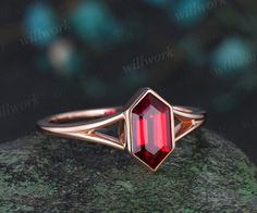 Vintage long hexagon cut red ruby Engagement Ring rose gold Solitaire split shank wedding anniversary promise ring women Ruby Ring Rose Gold, Pear Ruby Ring, Silver Ruby Engagement Ring, Ruby Engagement Ring Gold, Ruby Gold Ring, Red Engagement Ring, Ruby Engagement Ring Vintage, Unusual Engagement Rings, Rutilated Quartz Ring