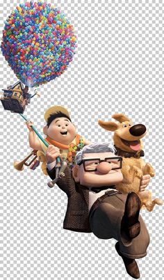 an animated character flying through the air with a dog and balloon in his hand, while another