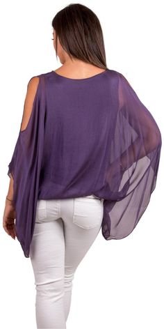 Solid Color Cold-Shoulder Blouse with Balloon Hem and Draped Sleeves. 30% Silk 70% Viscose Fits sizes XS- XL Made in Italy Drapey Summer Party Top, Purple Off-shoulder Summer Top, Purple Off-shoulder Top For Summer, Flowy Purple Tops, Chic Stretch Cold Shoulder Blouse, Flowy Summer Evening Blouse, Chic Purple Flowy Top, Drapey Evening Blouse, Flowy Purple Summer Top