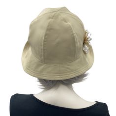 HANDMADE IN THE USA A Roaring Twenties style summer cloche hat with pleated brim. The Polly a vintage 1920's style cloche hat. Pretty, feminine and super comfortable to wear. This beautiful Polly hat sits comfortably on your head giving full head coverage. The full brim adds some sun protection and is wider at the front tapering into the back of the hat. Designed, pattern cut and made in the U.S.A by Boston Millinery © The Polly is such a cute and elegant style, she can be worn anytime, anywhere Fitted Beige Cloche Hat, Summer Cloche Sun Hat, One Size Fits Most, Vintage Beige Brimmed Bucket Hat, Vintage Beige Bucket Hat With Curved Brim, Vintage Beige Bucket Sun Hat, Vintage Beige Wide Brim Bucket Hat, Vintage Brimmed Bucket Hat For Spring, Classic Brimmed Bucket Hat For Spring, Classic Cream Sun Hat For Spring