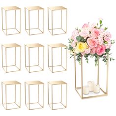 a bunch of vases with flowers and candles in them next to each other on a white background