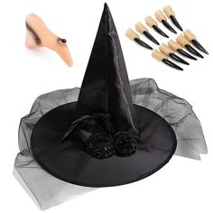 PRICES MAY VARY. The package includes:You will get 1 girls which hat, 1witch nose and 10 pieces black nails. The witch suit is complete, and the cost-effective dress up allows you to have a perfect Halloween holiday. About quality:The simple witches hat is made of good fabric.Comfortable fabric is lighter and it is a good choice for those who want to dress up and do not want to bear too much weight, helping you enjoy the party easily, and the quality is good. Don’t worry about the hat being easi Black Halloween Party, Witch Nose, Dress Up Party, Lace Edges, Witch Dress, Halloween Witch Hat, Witches Hat, Hat Decoration, Up Party