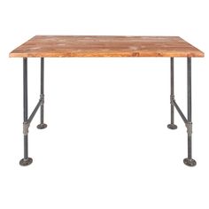 a wooden table with metal legs on a white background