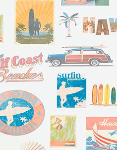 an assortment of surf related stickers on a white surface with the words, i'm coast beaches and surfers