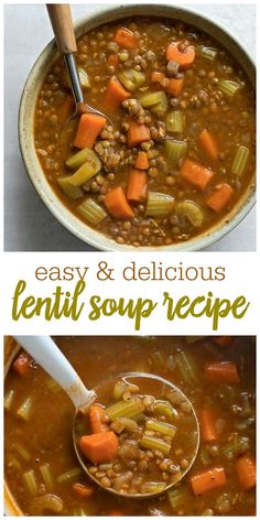 two pictures of soup with carrots, celery and beans in a bowl