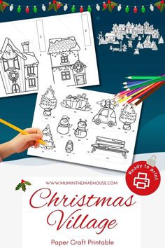 christmas village paper craft printable for kids to color and draw on the page with colored pencils