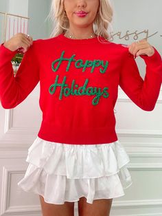 Happy Holidays Red Sparkle Sweater | Sassy Shortcake Crazy Christmas Sweaters, Preppy Christmas Outfit, Sassy Shortcake, Xmas Sweaters, Cute Christmas Outfits, Pants Gift, Business Expansion, Preppy Christmas, Preppy Clothes