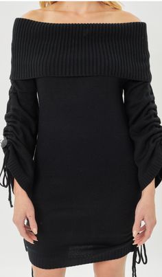 Off The Shoulder Sweater Dress Feat. Side Ruched Drawstring Detail Fall Off-shoulder Ruched Mini Dress, Stretch Drawstring Dresses For Fall, Stretch Dresses With Drawstring For Fall, Fitted Drawstring Mini Dress For Fall, Chic Fall Dresses With Drawstring, Off The Shoulder Sweater Dress, Cold Shoulder Sweater Dress, Drawstring Detail, Off The Shoulder Sweater