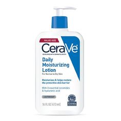 Developed with dermatologists, CeraVe Moisturizing Lotion for Normal to Dry Skin has a unique, lightweight formula that provides 24-hour hydration and helps restore the protective skin barrier with three essential ceramides (1,3,6-II). The formula also contains hyaluronic acid to help retain skins natural moisture. With ceramides 1, 3 and 6-II Hyaluronic acid to help retain skin's moisture Oil-free, Non-comedogenic Fragrance-free Gentle, non-irritating formula Made in United States Cerave Daily Moisturizing Lotion, Cerave Moisturizing Lotion, Daily Moisturizing Lotion, Dry Skin Body, Moisturizing Face, Travel Size Beauty Products, Lotion For Dry Skin, Body Moisturizers, Moisturizing Lotion