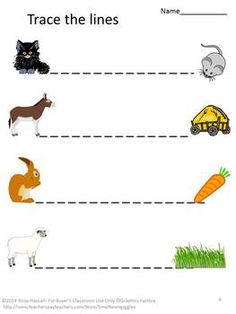 worksheet for children to learn how to write and draw lines with pictures of animals