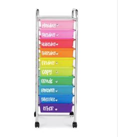 a multicolored rolling cart with five drawers and the words office written on it