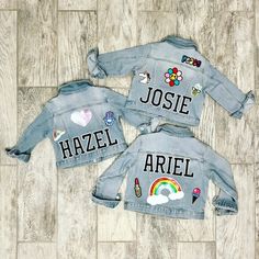 Personalized Girls Denim Jacket | Custom Kids Jean Jacket | Designed With Your Choice of Patches Girls Jean Jacket With Patches, Diy Patch Jean Jacket, Customizable Cute Cotton Outerwear, Customizable Long Sleeve Denim Jacket, Cute Customizable Cotton Outerwear, Customizable Denim Jacket, Customizable Long Sleeve Denim Outerwear, Customizable Cute Fall Outerwear, Cute Fall Outerwear