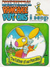 an advertisement for pancake put - ons featuring a cartoon character