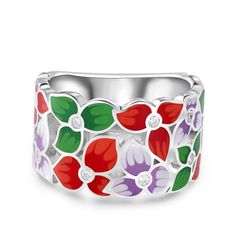 This gorgeous silver ring features subtle flower details, colorful enamel and leaves flower are beautifully combined, floral vine inspired design, embellished with white stones. Know a flower lover with a growing silver jewellery collection? This ring would make the perfect birthday or just because gift for them.Carat Weight: 0.483 ctStone Size: 1.6 mmNumber of Stones: 14 Stone Shape: RoundStone Color: Diamond WhiteWeight: 7.84 gWidth: 8 mmHeight: 2 mmThickness: 1.7 mmMaterial: 925 SilverPlating Multicolor Flower-shaped Jewelry With Floral Print, Multicolor Floral Print Flower Shaped Jewelry, Multicolor Floral Print Flower-shaped Jewelry, Silver Flower Enamel Ring As A Gift, Dreamy Garden, White Stones, Just Because Gifts, Floral Vine, Leaf Flowers