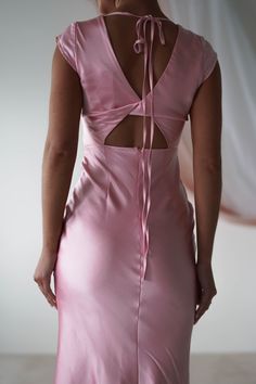 Nellie Soft Satin Midaxi Dress | Pink Fitted Bridesmaid Dress With Ruched Back, Satin Dress With Ruched Back And Fitted Bodice, Fitted Backless Dress For Wedding Guest, Chic Fitted Backless Dress With Bias Cut, Feminine Fitted Satin Evening Dress, Fitted Feminine Satin Evening Dress, Feminine Tie Back Mini Dress For Bridesmaid, Party Dress With Keyhole Back And Fitted Bodice, Party Dresses With Cowl Back And Back Opening