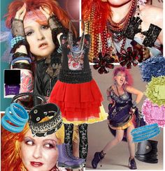 the collage shows many different outfits and accessories, including hats, gloves, bracelets, hair clips, and necklaces