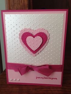 a pink and white card with a heart on the front that says from my heart to yours