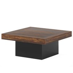 a square wooden table with black metal base and wood grained top on an isolated white background