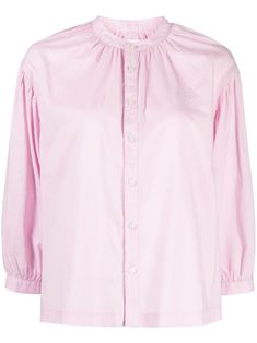 light pink cotton embroidered logo at the chest collarless front button fastening three-quarter length raglan sleeves straight hem Pink 3/4 Sleeve Top For Work, Classic Pink Cotton Blouse, Cotton Tops For Workwear With 3/4 Sleeves, Pink Cotton Top With 3/4 Sleeves, Pink Cotton Blouse With 3/4 Sleeves, Pink Long Sleeve Cotton Blouse, Cotton Shirt With 3/4 Sleeves In Relaxed Fit, Cotton Blouse With 3/4 Sleeves For Daywear, Spring Daywear Shirt With 3/4 Sleeves