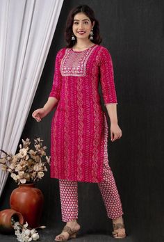 Summer collection kurti pant suit. 3 piece set . Fabric : Reyon fabric kurti , georgette Dupatta with Zari lining, rayon pants. Work : Printed base , border work with Zari lace. Sequence work . Measurement : Kurti length 44in , pant 38 length, Dupatta 2.10 meters, Kurti Georgette, Kurti Pant With Dupatta, Georgette Dupatta, Kurtis With Pants, Sequence Work, Rayon Pants, Magenta Pink, Pant Suit, Summer Collection