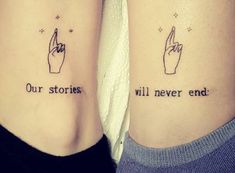 two people with matching tattoos that say our stories and will never end on their arms