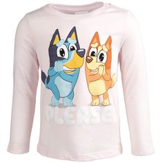 Come meet Bluey the 6 year old Blue Heeler pup and her younger sister Bingo! Watch Bluey and Bingo come to life through your little one’s friendly and fun personality. Your child is going to love playing indoors or outdoors in their new Bluey 2 Pack T-Shirts. Playful Crew Neck Tops For Playdate, Fun Pink T-shirt For Playtime, Pink Long Sleeve T-shirt With Character Print, Cute Cartoon Print Tops For Daycare, Playful Cartoon Print Top For Sleepover, Playful Cartoon Print Tops For Sleepover, Pink Tops With Character Print For Playtime, Pink Character Print Tops For Playtime, Playful Pink Cartoon Print Top