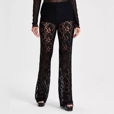 Avec Les Filles Black High Waist Flare Leg Trousers M Retails For $160. Lace Pants Outfit, Lace Flare Pants, Black Lace Pants, Flare Leg Trousers, Lace Pants, Wardrobe Inspiration, Black High Waist, Jumpsuit Trousers, Inspired Fashion