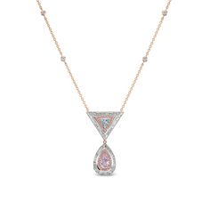 With its combination of rare and exquisite gemstones, each carefully selected for its unique qualities, the diamond necklace is a symbol of refinement. Wearing this necklace is like wearing a work of art, a testament to the enduring allure of diamonds and the timeless beauty of meticulously crafted jewelry 0.92CT Pear Shape Light Pink GIA#2221437302 0.37CT Trillion Very Light Blue VVS2 GIA#5221180849 0.19CT Argyle 7P/PP Pink Diamonds 1.11CT White Diamonds 18KT White and Pink Gold on an 18" Chain Opulent Diamond Necklace With 17 Jewels, Opulent Formal Necklaces With 17 Jewels, Luxury Diamond Necklace With 17 Jewels, Opulent Diamond Necklace For Formal Occasions, Opulent Diamond Necklace For Formal Events, Exquisite Gemstone Necklaces For Formal Occasions, Exquisite Gemstone Necklace For Formal Occasions, Fine Jewelry Diamond Necklace With Diamond Accents, Dazzling Pear-shaped Necklace With 17 Jewels