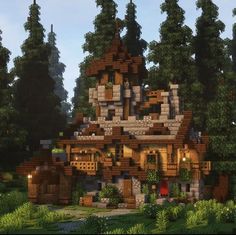 an image of a house made out of wood and stone in the middle of some trees