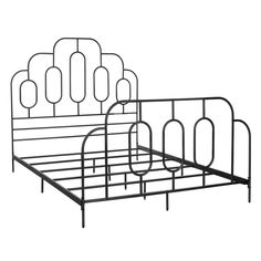 a metal bed frame with headboard and foot board in black color, isolated against a white background