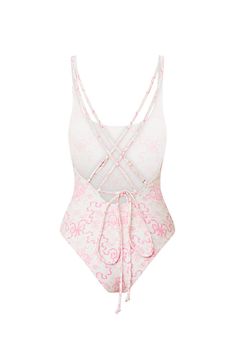 Bow bliss in the Dusk One Piece. This pretty one piece features our new, whimsical bow print inspired by vintage textiles. The suit features crisscross straps in the back and a slightly square neckline.