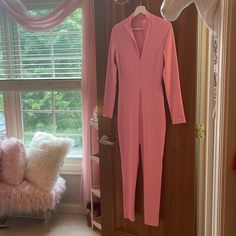 One Piece Jumpsuit, Pink One Piece, Designer Jumpsuits, Pink Long Sleeve, Barbie Girl, Invisible Zipper, Barbie Clothes, Belly Button, Stretchy Material