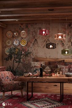 a living room filled with lots of furniture and plates on the wall next to a table